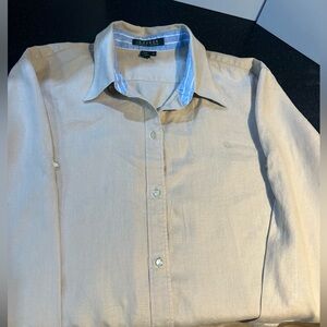 Lauren Ralph Lauren Women’s Button Up Shirt Tan W/ Blue and White Striped Collar